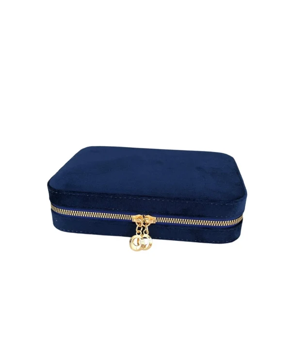 Fermuarlı (Ahşap Kasalı )Büyük boy Takı, Seyahat Ve Mücevher Çantası Lacivert Süet(14x21 Cm)