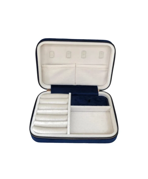 Fermuarlı (Ahşap Kasalı )Büyük boy Takı, Seyahat Ve Mücevher Çantası Lacivert Süet(14x21 Cm)