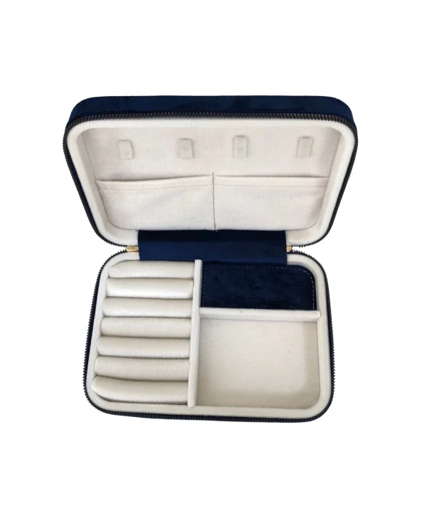 Fermuarlı (Ahşap Kasalı )Büyük boy Takı, Seyahat Ve Mücevher Çantası Lacivert Süet(14x21 Cm)