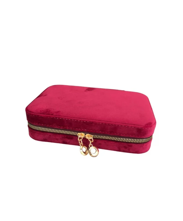 Fermuarlı (Ahşap Kasalı )Büyük boy Takı, Seyahat Ve Mücevher Çantasıkutusu Bordo Süet(14x21 Cm)