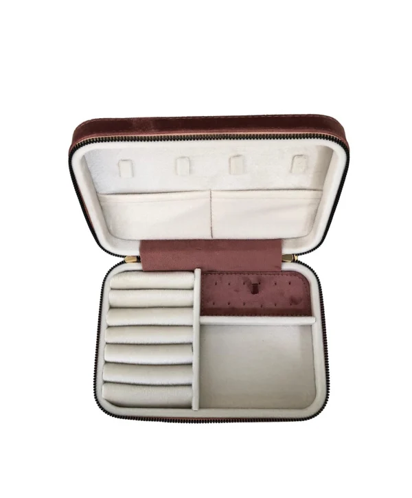 Fermuarlı (Ahşap Kasalı )Büyük boy Takı, Seyahat Ve Mücevher Çantası,kutusu Rose Süet(14x21 Cm)