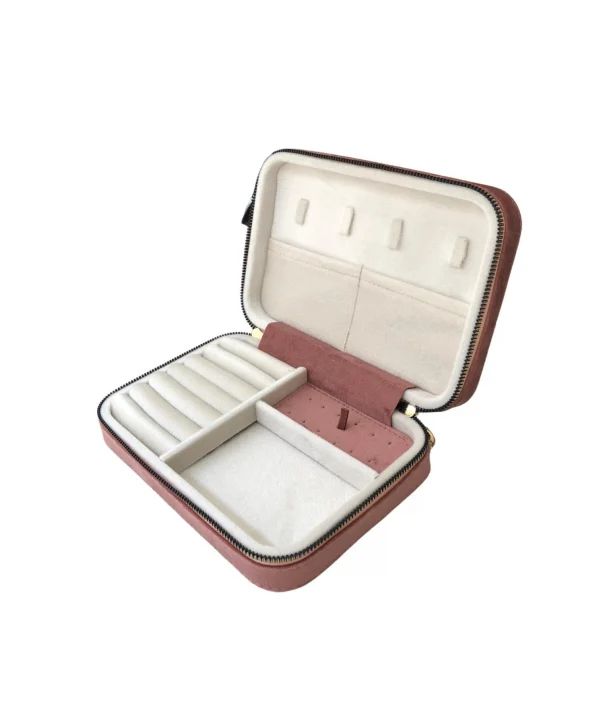 Fermuarlı (Ahşap Kasalı )Büyük boy Takı, Seyahat Ve Mücevher Çantası,kutusu Rose Süet(14x21 Cm)