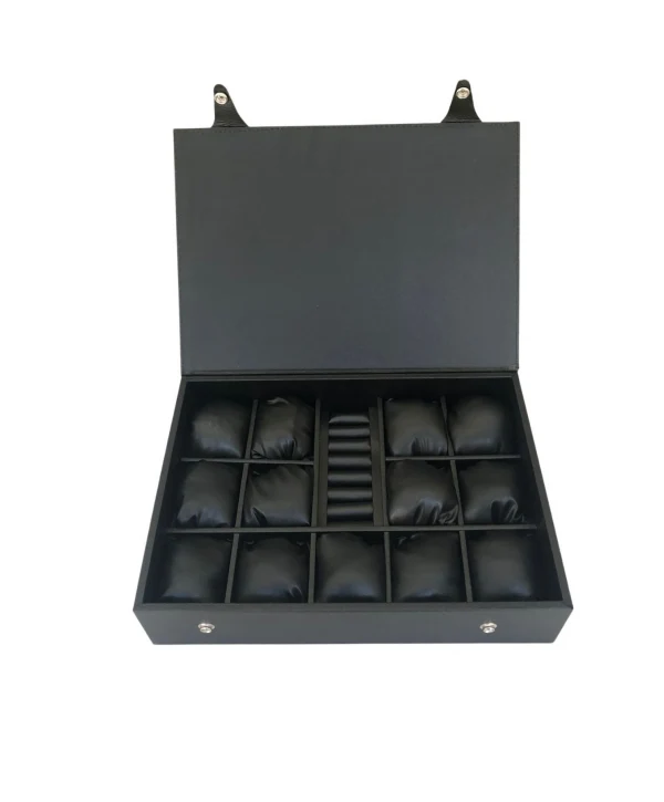 Saat Çantası 13 Lİ ve Yüzük rulo,Çıtçıtlı Ahşap Kasa Üzeri Siyah Deri Kaplama 25x35 cm İçi Siyah