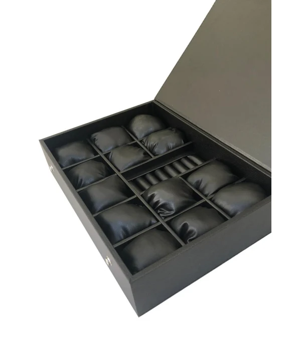 Saat Çantası 13 Lİ ve Yüzük rulo,Çıtçıtlı Ahşap Kasa Üzeri Siyah Deri Kaplama 25x35 cm İçi Siyah