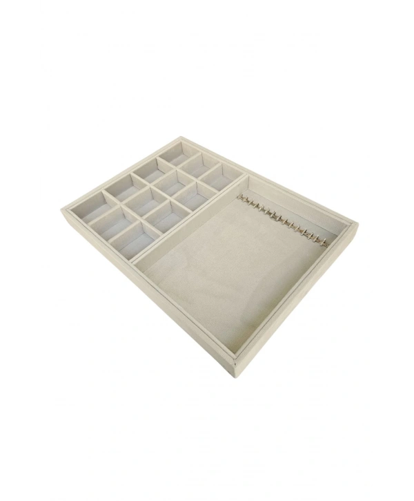 12 Bölmeli Ve 15 Li Metal Zincir Askılı Kolye Ucu Küpe Yüzük Servis Tablası Süet Krem