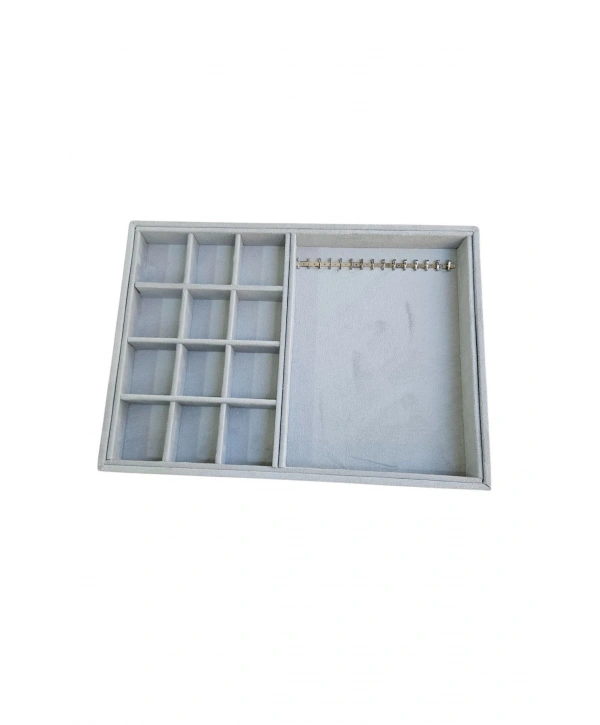 12 Bölmeli Ve 15 Li Metal Zincir Askılı Kolye Ucu Küpe Yüzük Servis Tablası Süet Gri