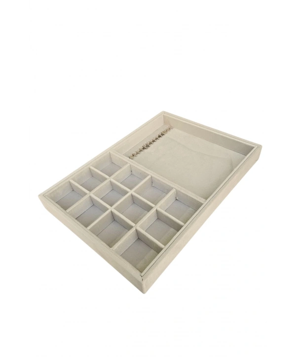 12 Bölmeli Ve 15 Li Metal Zincir Askılı Kolye Ucu Küpe Yüzük Servis Tablası Süet Krem