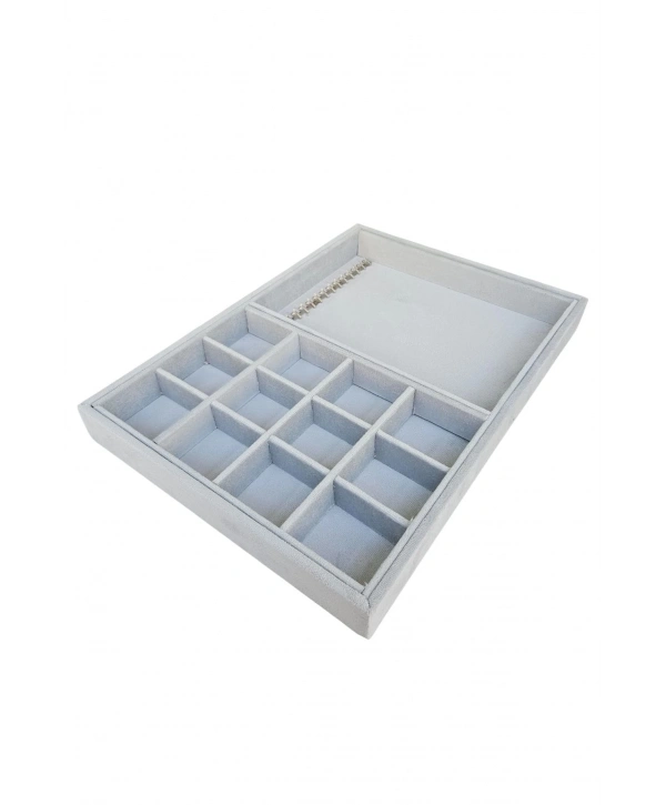 12 Bölmeli Ve 15 Li Metal Zincir Askılı Kolye Ucu Küpe Yüzük Servis Tablası Süet Gri