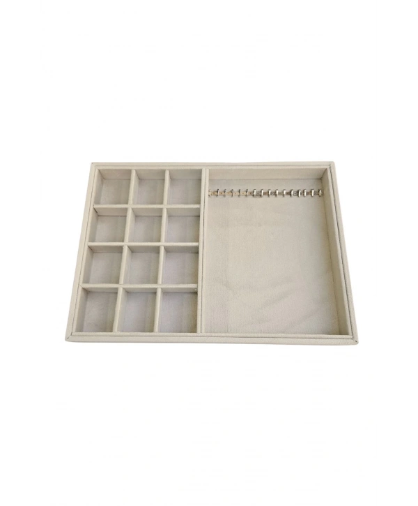 12 Bölmeli Ve 15 Li Metal Zincir Askılı Kolye Ucu Küpe Yüzük Servis Tablası Süet Krem