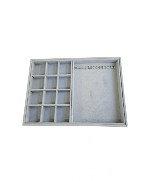 12 Bölmeli Ve 15 Li Metal Zincir Askılı Kolye Ucu Küpe Yüzük Servis Tablası Süet Gri