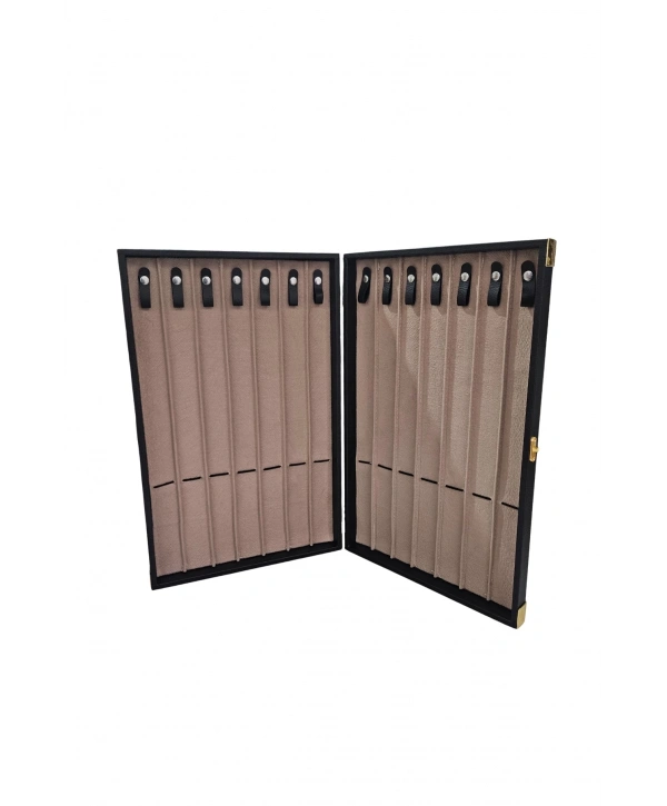 14lu Tesbih Kutusu (ahşap Kasa) Deri Yaldız Şeritli Siyah 26x42 cm