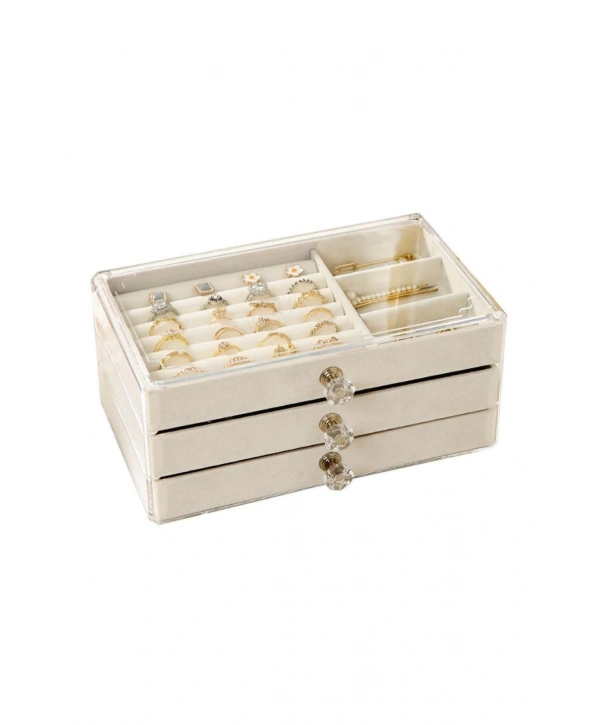 Akrilik 3 Kadife Çekmeceli Takı Organizatörü,Düzenleyici (13x23 cm ) Krem Süet