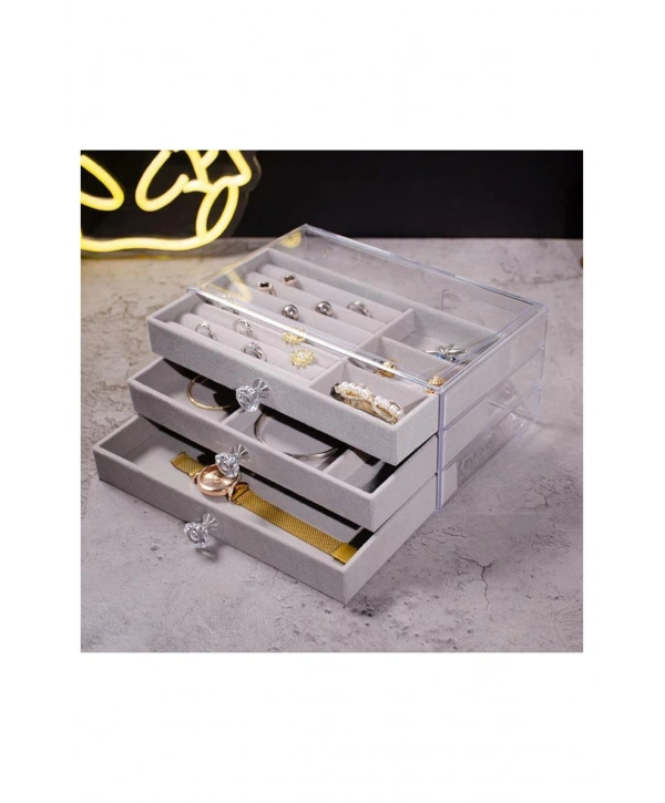 Akrilik 3 Kadife Çekmeceli Takı Organizatörü,Düzenleyici (13x23 cm ) Gri Süet