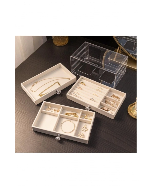 Akrilik 3 Kadife Çekmeceli Takı Organizatörü,Düzenleyici (13x23 cm ) Krem Süet