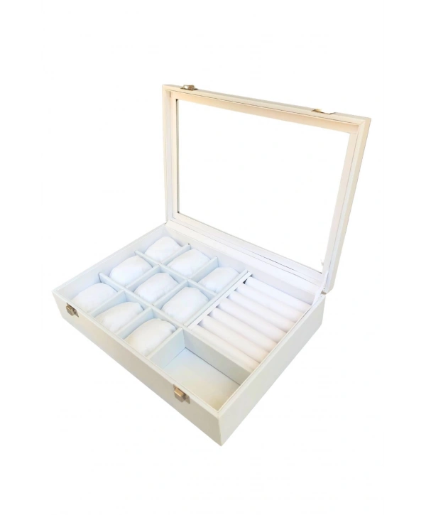 Camlı Kapaklı Mix Yastıklı&rulo &bölmeli Takı Tablası Beyaz Deri / Içi Beyaz