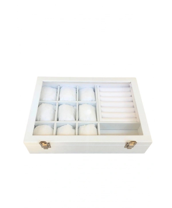 Camlı Kapaklı Mix Yastıklı&rulo &bölmeli Takı Tablası Beyaz Deri / Içi Beyaz