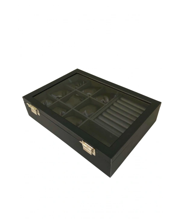 Camlı Kapaklı Mix Yastıklı&rulo &bölmeli Takı Tablası Siyah Deri / Içi Siyah