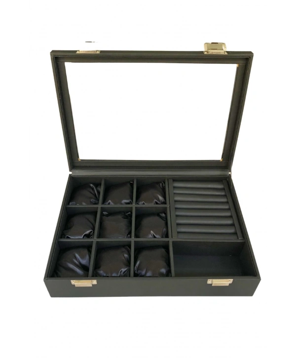 Camlı Kapaklı Mix Yastıklı&rulo &bölmeli Takı Tablası Siyah Deri / Içi Siyah