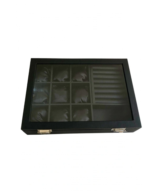 Camlı Kapaklı Mix Yastıklı&rulo &bölmeli Takı Tablası Siyah Deri / Içi Siyah