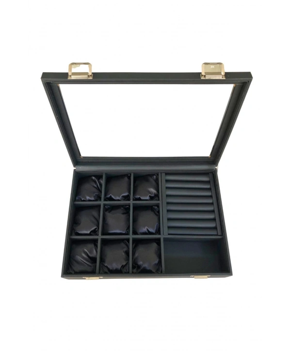 Camlı Kapaklı Mix Yastıklı&rulo &bölmeli Takı Tablası Siyah Deri / Içi Siyah