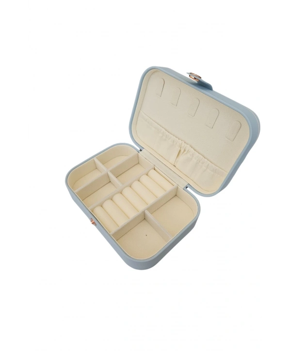 Çıtçıtlı Deri Midi Boy Takı, Seyahat Ve Mücevher Çantası,kutusu Bebe Mavisi (11x16 cm)