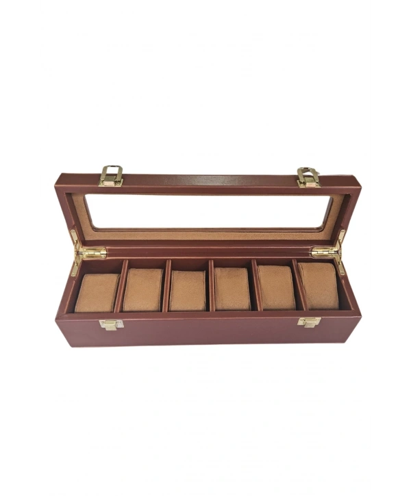 Deri Lüx 6 Lı Saat Çantası,Kutusu Kilitli (Camlı) (Taba Crocodile)