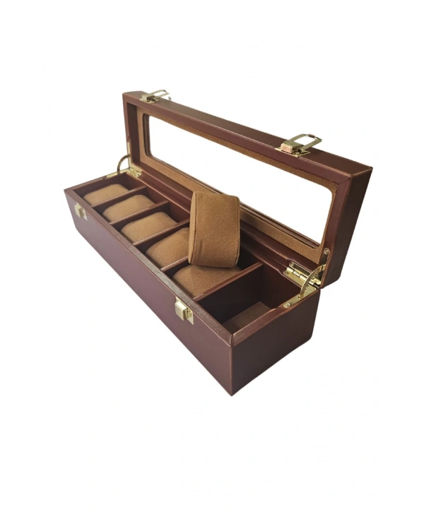 Deri Lüx 6 Lı Saat Çantası,Kutusu Kilitli (Camlı) (Taba Crocodile)