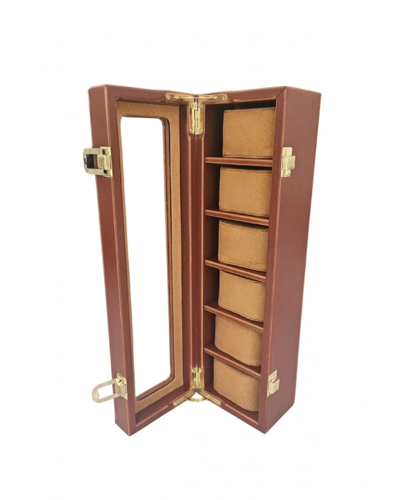 Deri Lüx 6 Lı Saat Çantası,Kutusu Kilitli (Camlı) (Taba Crocodile)