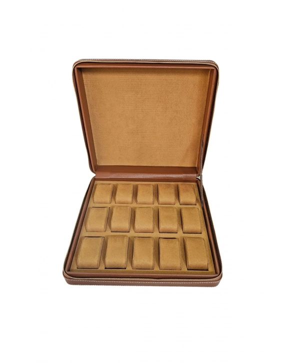 Deri luxury 15 Li Saat Çantası,kutusu Fermuarlı Taba (31X33)