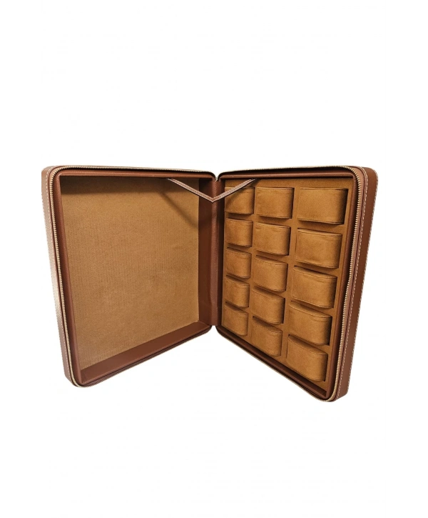 Deri luxury 15 Li Saat Çantası,kutusu Fermuarlı Taba (31X33)