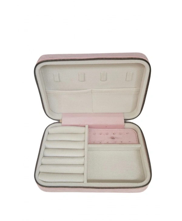 Fermuarlı (Ahşap Kasalı )Büyük boy Takı, Seyahat Ve Mücevher Çantası Pembe Süet(14x21 Cm)