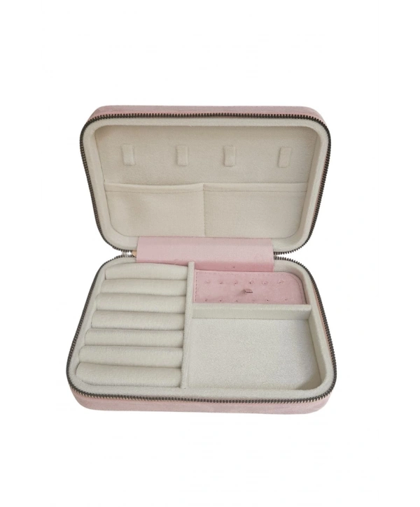 Fermuarlı (Ahşap Kasalı )Büyük boy Takı, Seyahat Ve Mücevher Çantası Pembe Süet(14x21 Cm)