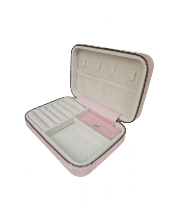 Fermuarlı (Ahşap Kasalı )Büyük boy Takı, Seyahat Ve Mücevher Çantası Pembe Süet(14x21 Cm)