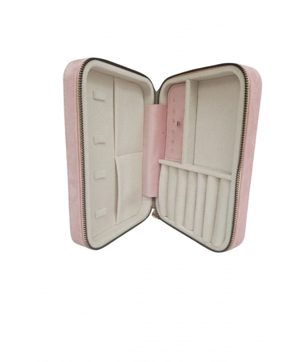 Fermuarlı (Ahşap Kasalı )Büyük boy Takı, Seyahat Ve Mücevher Çantası Pembe Süet(14x21 Cm)