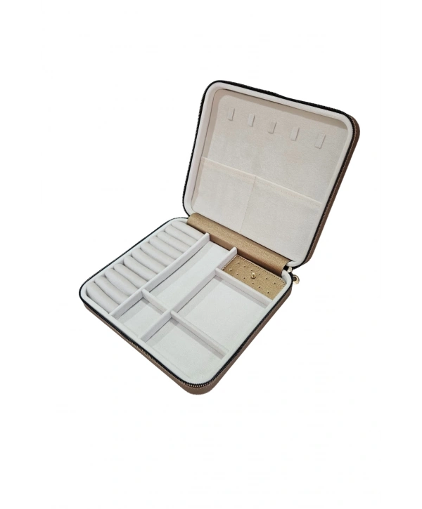 Fermuarlı Deri (ahşap Kasalı ) Jumbo Boy Takı, Seyahat Ve Mücevher Çantası,kutusu Bakır(24x26 Cm)