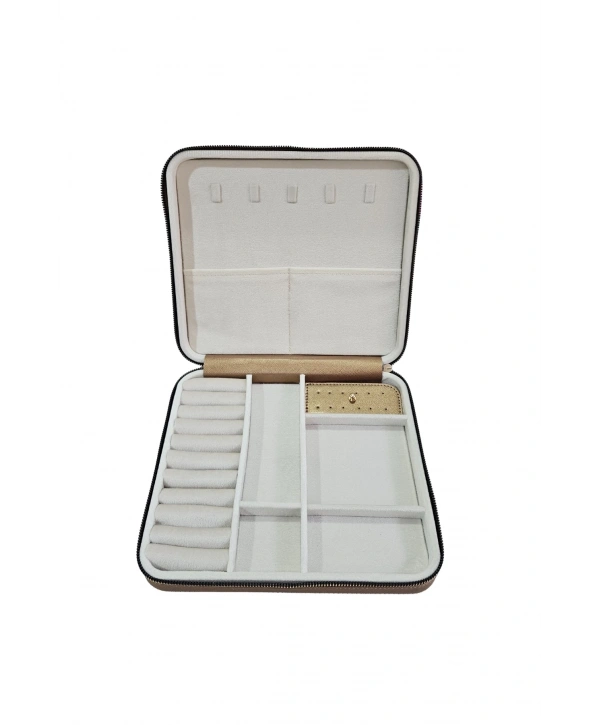 Fermuarlı Deri (ahşap Kasalı ) Jumbo Boy Takı, Seyahat Ve Mücevher Çantası,kutusu Bakır(24x26 Cm)