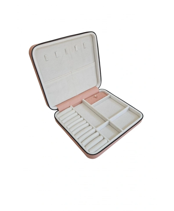 Fermuarlı Deri (ahşap Kasalı ) Jumbo Boy Takı, Seyahat Ve Mücevher Çantası,kutusu Pudra (24x26 Cm)