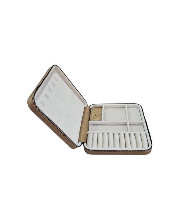 Fermuarlı Deri (ahşap Kasalı ) Jumbo Boy Takı, Seyahat Ve Mücevher Çantası,kutusu Bakır(24x26 Cm)