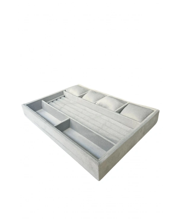 Organizatör Gri Süet Tabla Kolye & Yüzük Düzenleyici Ve Gözlük(4 Yastık)(2 Bölmeli)(rulo)2