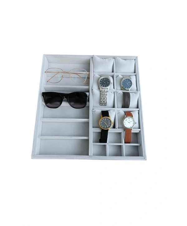 Organizatör Gri Süet Tabla Kolye & Yüzük Düzenleyici Ve Gözlük(8 Yastık)(6 Gözlük & 6 Bölmeli)36x38