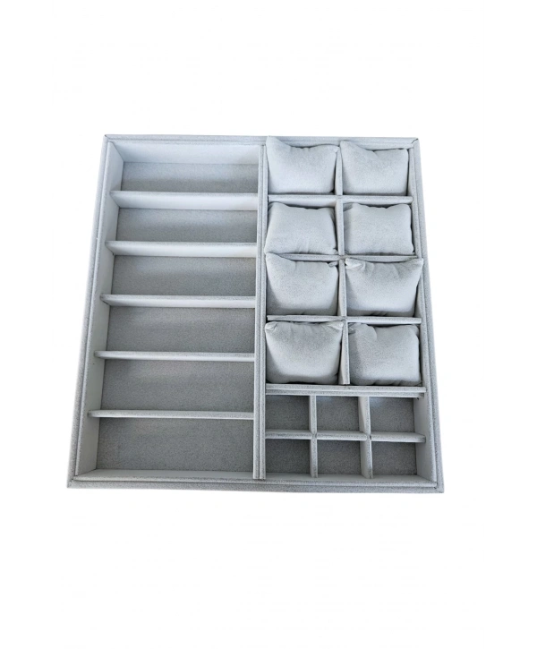 Organizatör Gri Süet Tabla Kolye & Yüzük Düzenleyici Ve Gözlük(8 Yastık)(6 Gözlük & 6 Bölmeli)36x38