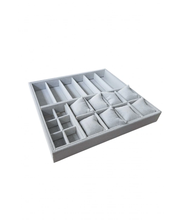 Organizatör Gri Süet Tabla Kolye & Yüzük Düzenleyici Ve Gözlük(8 Yastık)(6 Gözlük & 6 Bölmeli)36x38