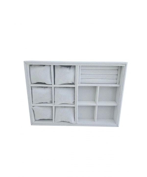 Organizatör Özer3 Gri Süet Tabla Kolye & Yüzük Düzenleyici Ve Gözlük(6 Yastık)(4 Bölmeli)(rulo)