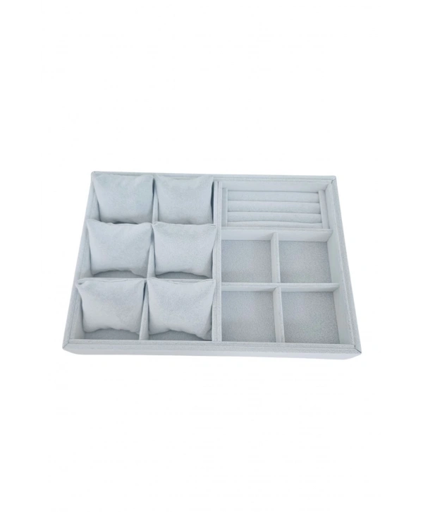 Organizatör Özer3 Gri Süet Tabla Kolye & Yüzük Düzenleyici Ve Gözlük(6 Yastık)(4 Bölmeli)(rulo)