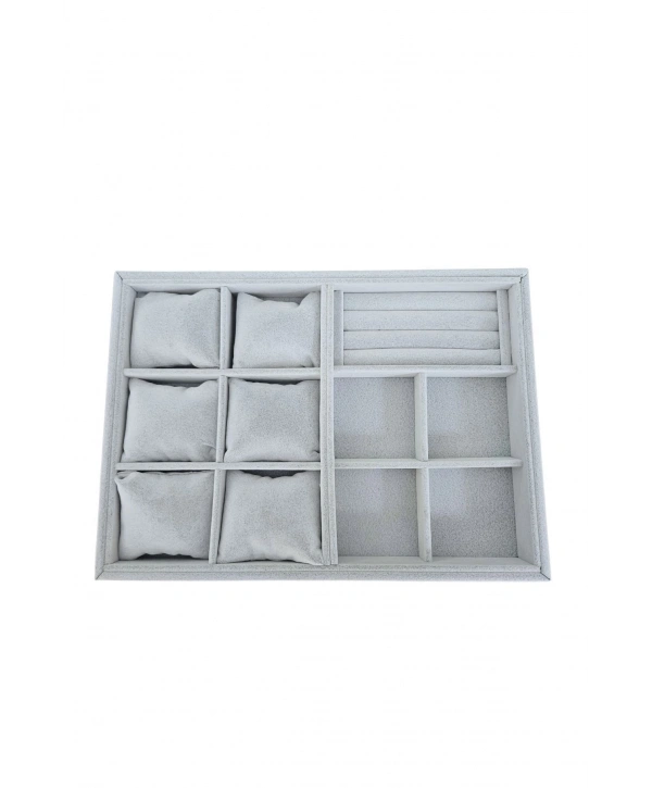 Organizatör Özer3 Gri Süet Tabla Kolye & Yüzük Düzenleyici Ve Gözlük(6 Yastık)(4 Bölmeli)(rulo)