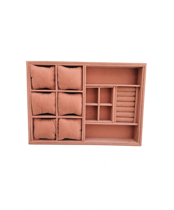 Organizatör Somon Süet Tabla Kolye & Yüzük Düzenleyici Ve Gözlük(6 Yastık)(4 Bölmeli)(rulo)