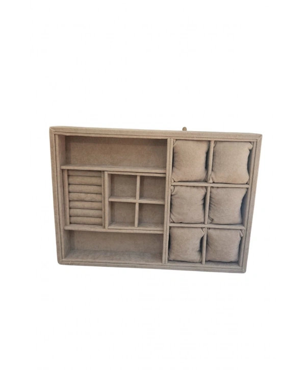 Organizatör Sütlü Kahve Süet Tabla Kolye & Yüzük Düzenleyici Ve Gözlük(6 Yastık)(4 Bölmeli)(rulo)