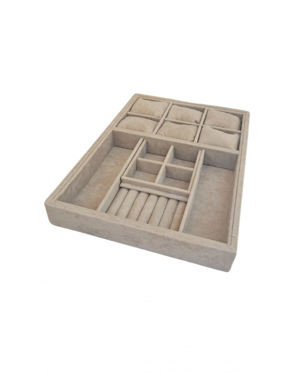 Organizatör Sütlü Kahve Süet Tabla Kolye & Yüzük Düzenleyici Ve Gözlük(6 Yastık)(4 Bölmeli)(rulo)