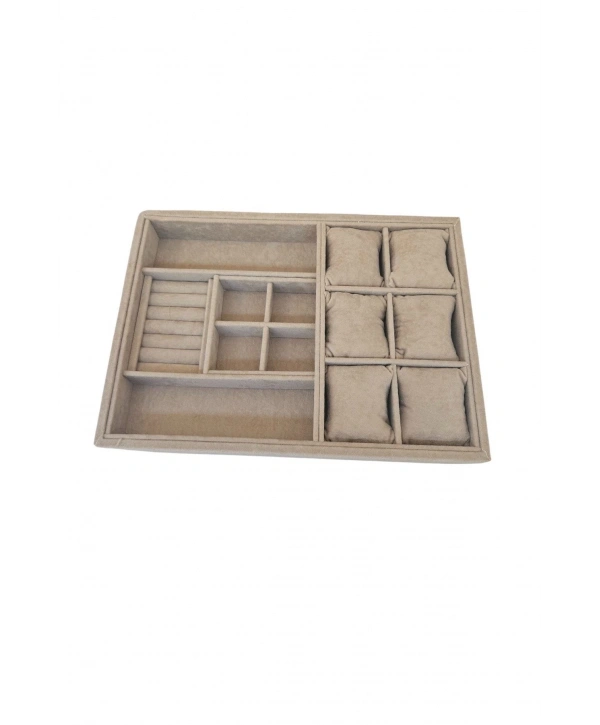 Organizatör Sütlü Kahve Süet Tabla Kolye & Yüzük Düzenleyici Ve Gözlük(6 Yastık)(4 Bölmeli)(rulo)