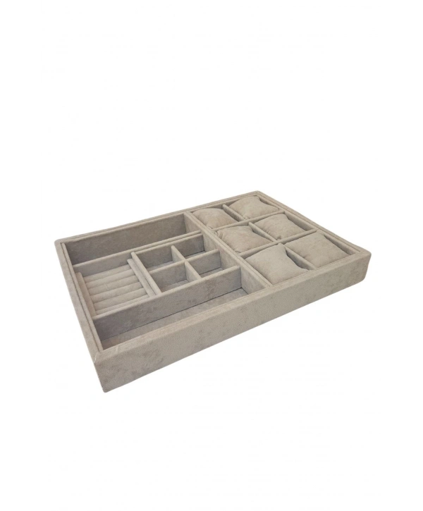 Organizatör Sütlü Kahve Süet Tabla Kolye & Yüzük Düzenleyici Ve Gözlük(6 Yastık)(4 Bölmeli)(rulo)